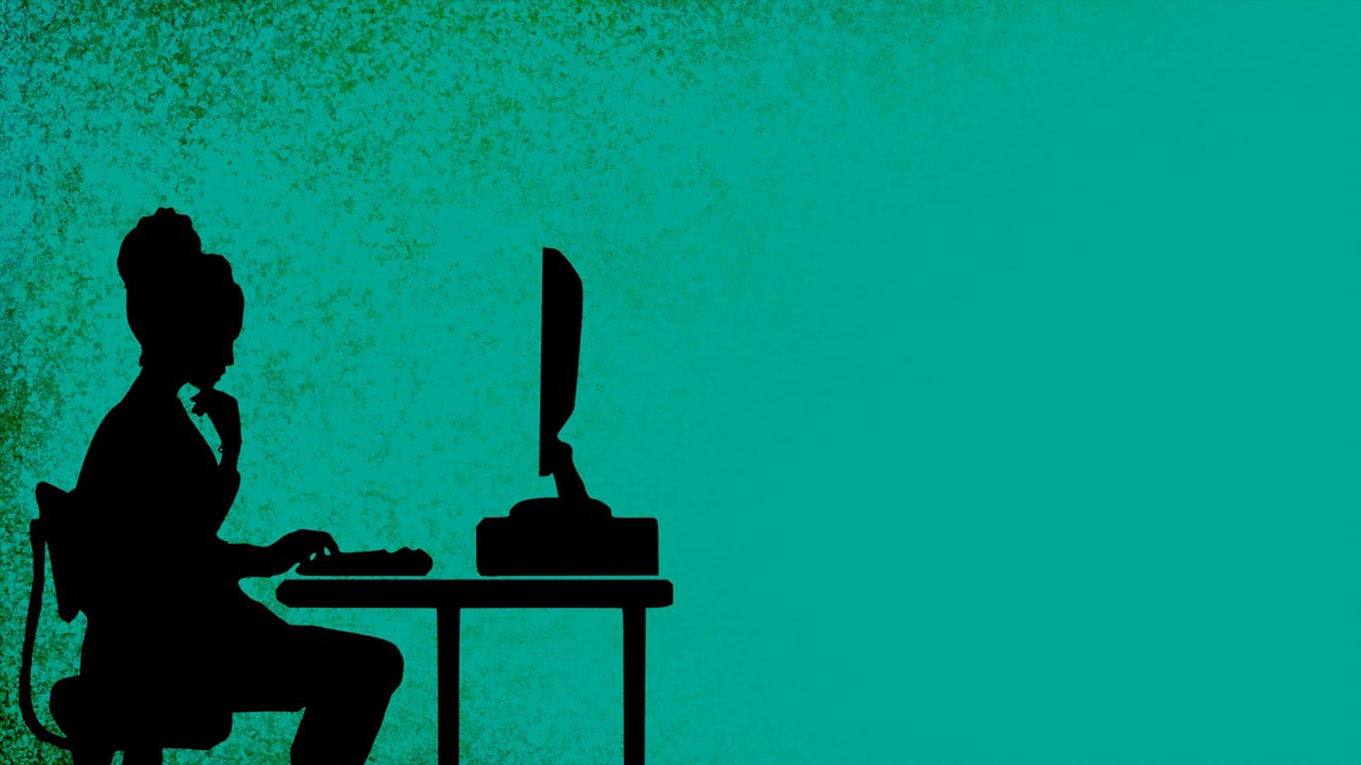 Silhouette of a person seated at a desk, using a desktop computer. One hand rests near a keyboard while the other is raised to the chin in a thoughtful pose. The image is presented in profile, with substantial empty space surrounding the workstation.